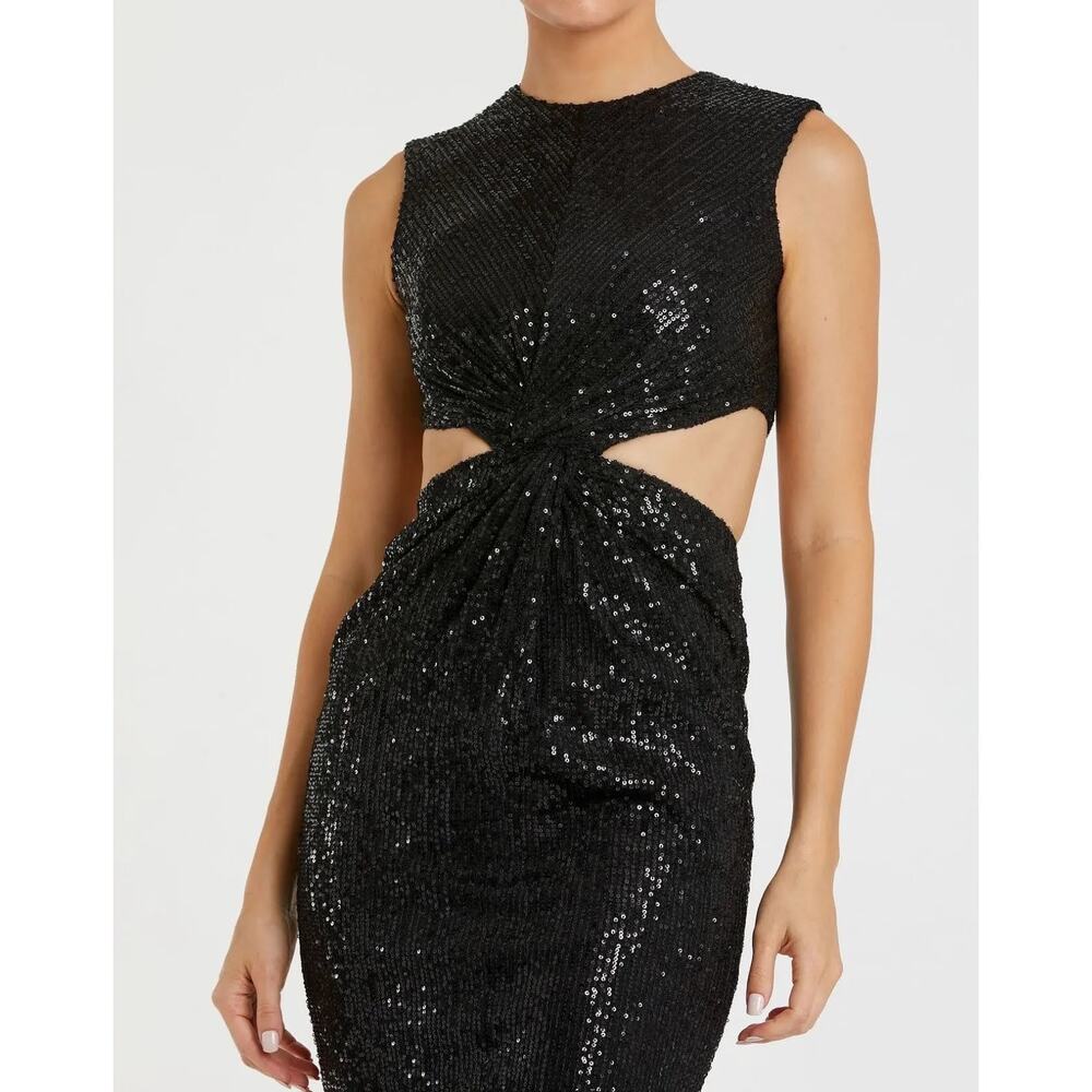 Mac Duggal Black Sequin Front Twist Cut Out Sheath Dress Size 4 27022 $298 - Picture 2 of 9